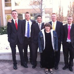 Chy Johnson with "her boys" in front of the Wilkinson Center at Brigham Young University in Provo.