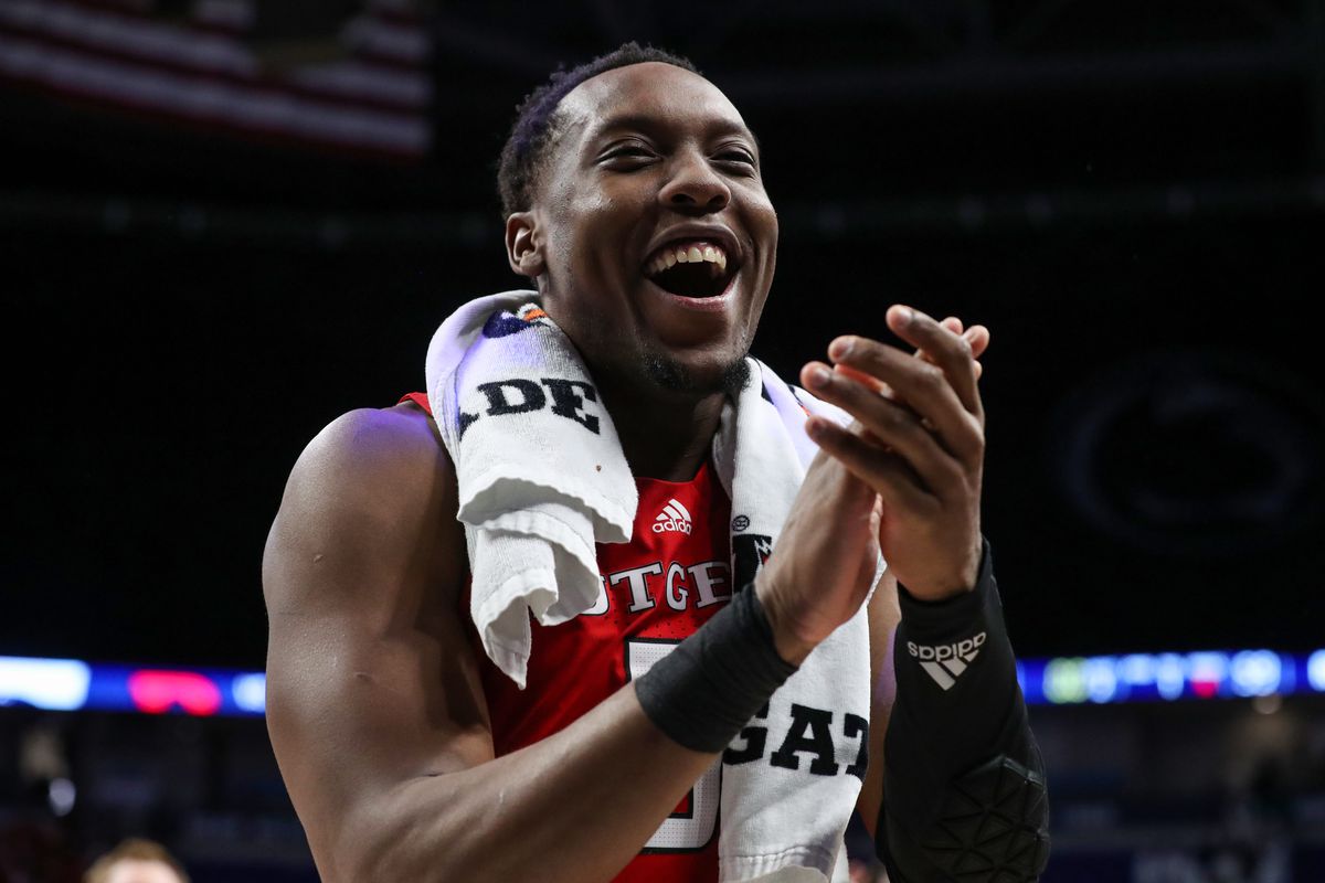 Feb 26, 2023; University Park, Pennsylvania, USA; Rutgers Scarlet Knights forward Aundre Hyatt (5) celebrates following the game against the Penn State Nittany Lions at Bryce Jordan Center. Rutgers defeated Penn State 59-56.