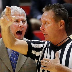 UC Davis Aggies head coach Jim Les yells at a referee as Utah and UC Davis play in an NIT basketball game at the Huntsman Center in Salt Lake City on Wednesday, March 14, 2018. Utah won 69-59.