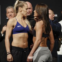 Katlyn Chookagian and Jessica Eye square off at UFC 231 weigh-ins.