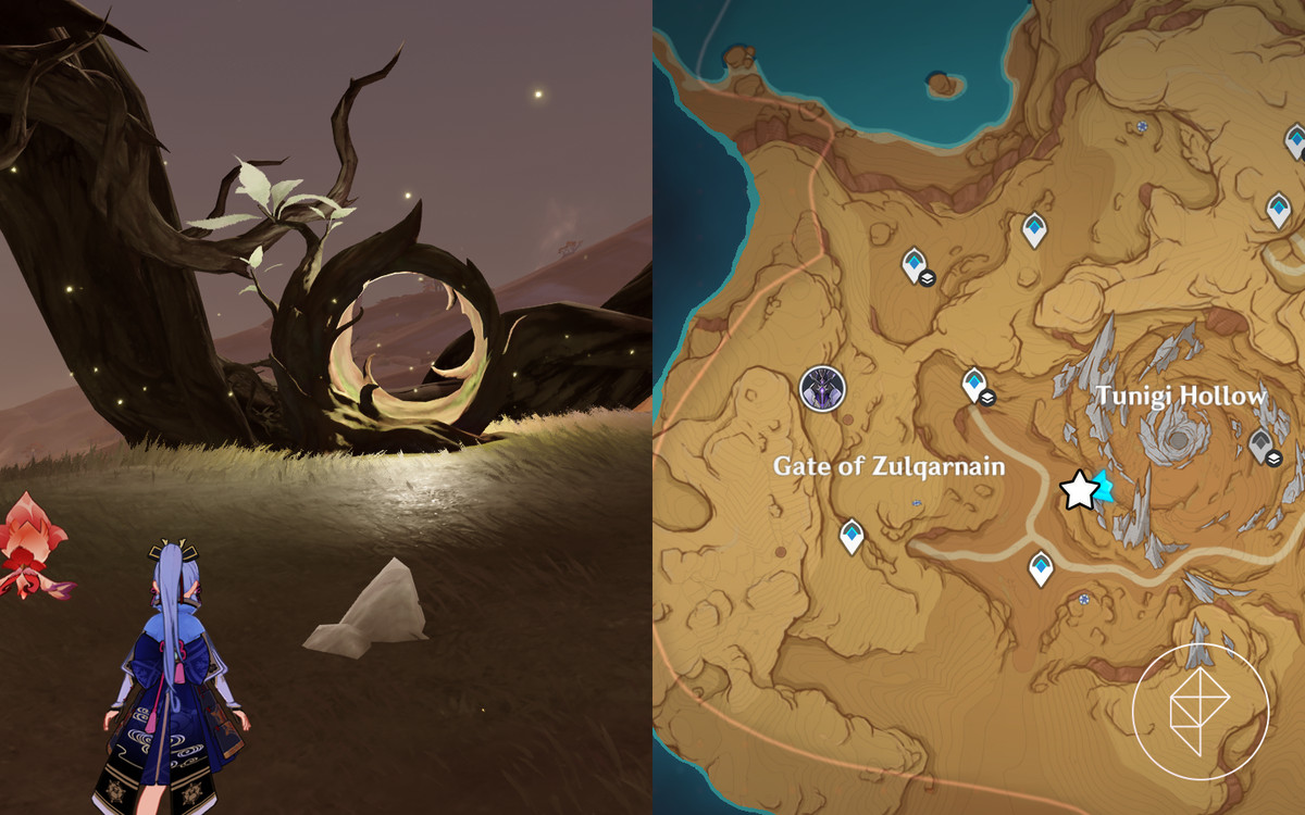 The sixth Fravashi Tree in Genshin Impact indicated by an in game screen shot and a star on the map.
