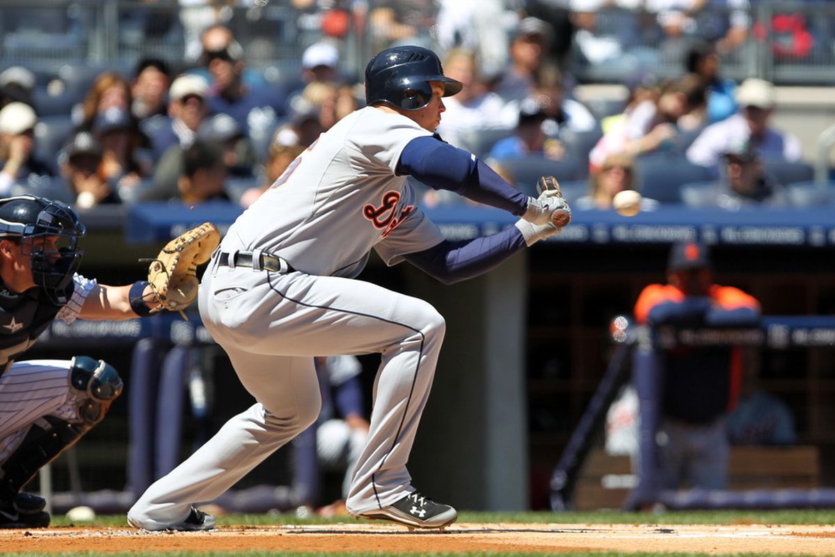 Apr 29, 2012; Bronx, NY, USA;  Detroit Tigers left fielder Brennan Boesch (26) doubles to center during the first inning against the New York Yankees at Yankee Stadium. Mandatory Credit: Anthony Gruppuso-US PRESSWIRE