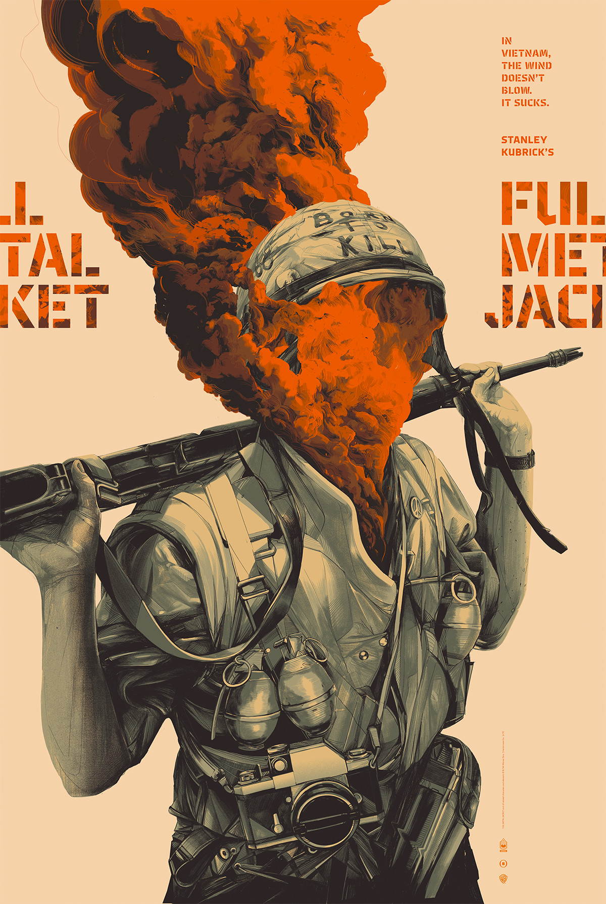 Poster art for Full Metal Jacket showing a smoke-filled face of a soldier wearing a born to kill helmet.