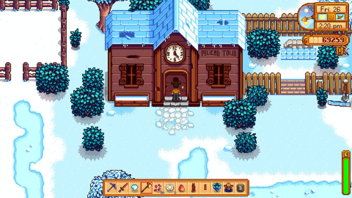 A player standing outside the community center