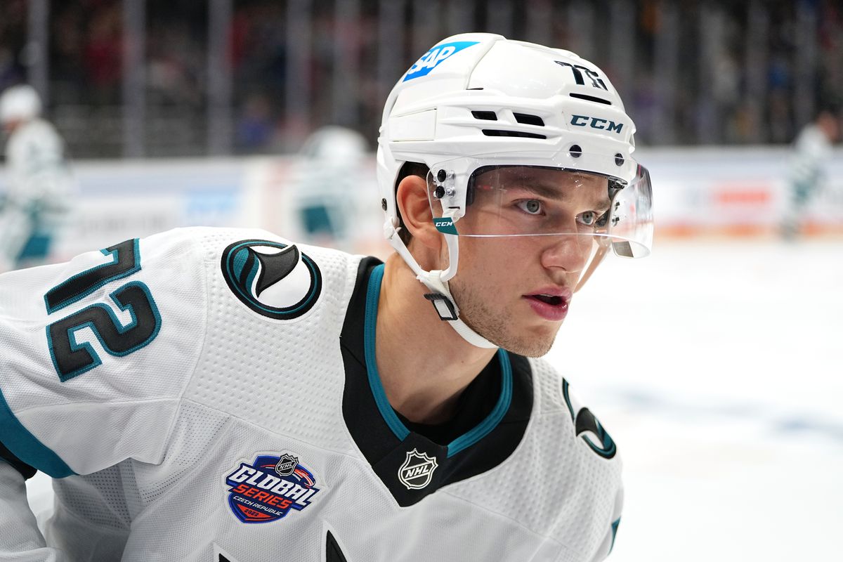 William Eklund #72 of the San Jose Sharks warm ups before playing in the NHL Global Series Challenge Germany game between San Jose Sharks and Eisbaren Berlin at Mercedes-Benz Arena on October 04, 2022 in Berlin, Germany.