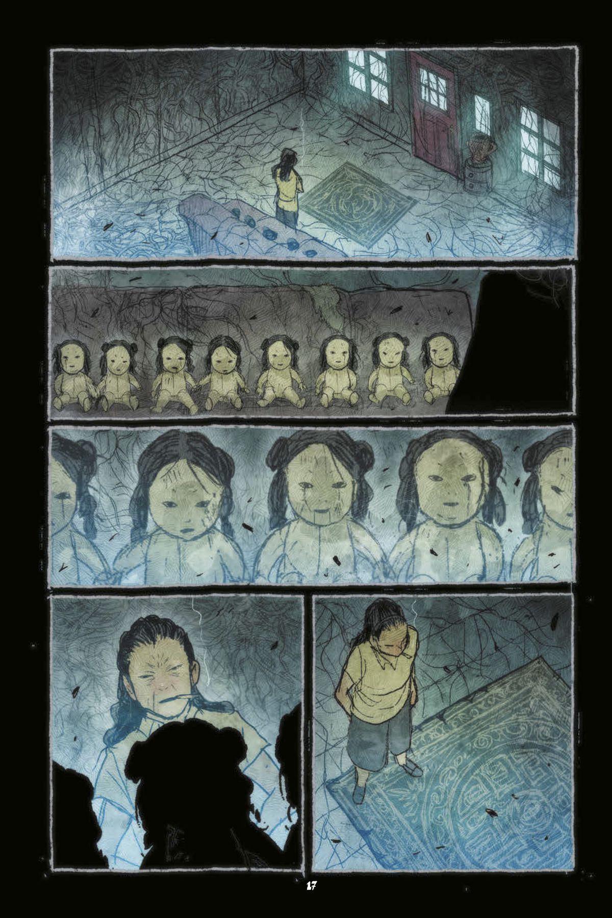 In a page from Abrams ComicArts’ graphic novel Night Eaters, protagonist Ipo Ting stands in an abandoned house with vines growing over all the floors and walls, then turns to glower at a row of naked baby dolls with black hair and Asian facial features, all lined up on a ripped, tattered couch in the middle of the room