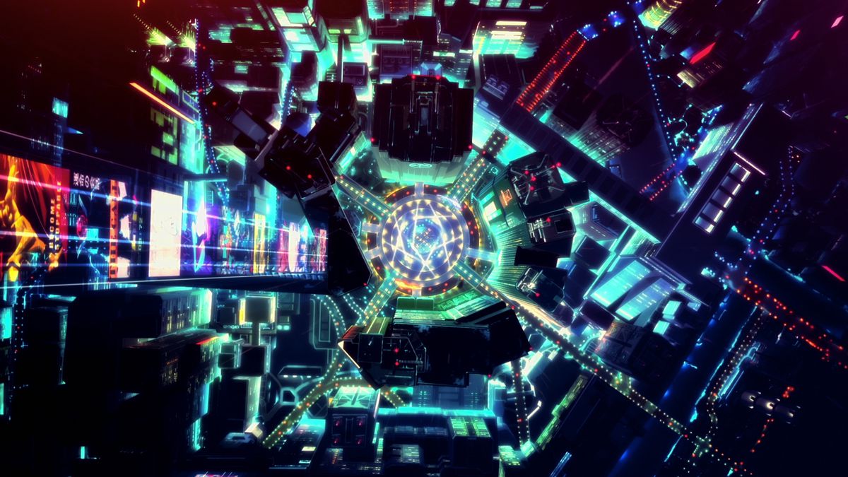 Hình ảnh từ trên xuống của quận trung tâm Thành phố Đêm trong Cyberpunk: Edgerunners.