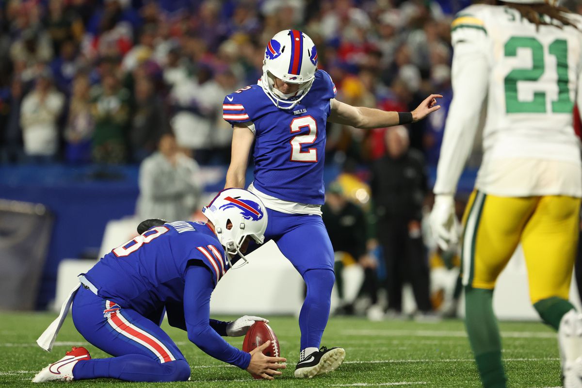Tyler Bass #2 of the Buffalo Bills kicks a field goal during the third quarter against the Green Bay Packers at Highmark Stadium on October 30, 2022 in Orchard Park, New York.