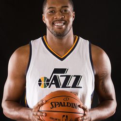 Utah Jazz forward Derrick Favors poses during media day at the Jazz practice facility in Salt Lake City on Monday, Sept. 26, 2016.