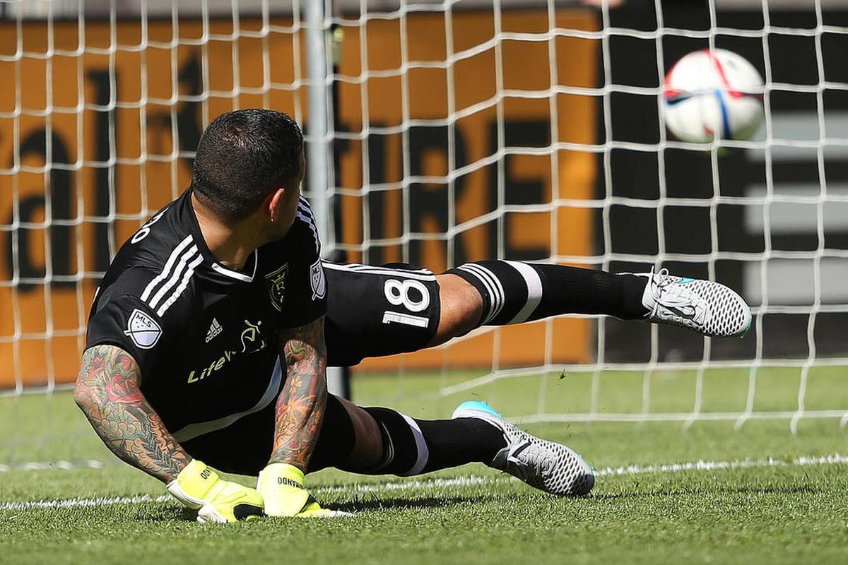 Real Salt Lake goalkeeper Nick Rimando (18) watches as a penalty kick goes wide during MLS action in Sandy  Sunday, June 7, 2015. The game ended in a tie. 