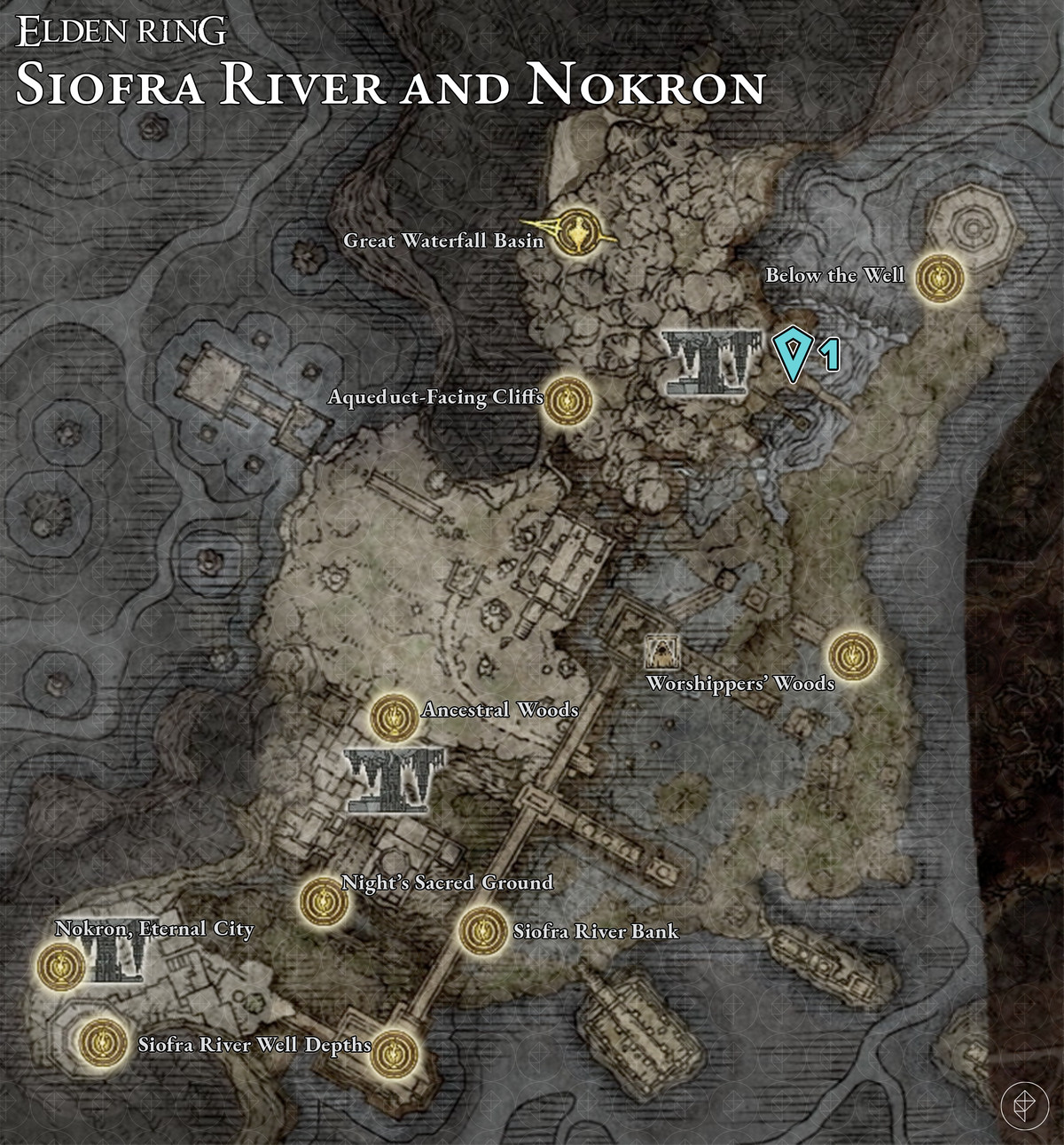 Map showing the Siofra and Nokron, Eternal City Golden Seed locations.