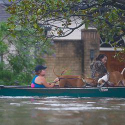 A family evacuates their Meyerland home in Houston, Sunday, Aug. 27, 2017. Rescuers answered hundreds of calls for help Sunday as floodwaters from the remnants of Hurricane Harvey rose high enough to begin filling second-story homes, and authorities urged stranded families to seek refuge on their rooftops.