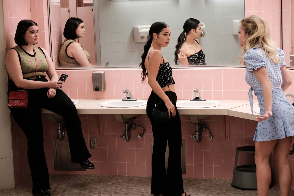 Kat, Maddy, and Cassie standing in a pink-tiled bathroom, on an episode of HBO Max’s Euphoria.