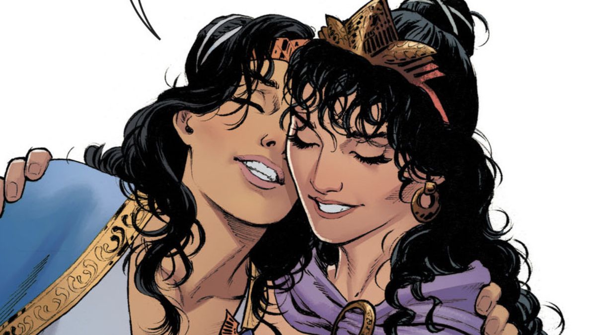 Wonder Woman (left) hugs her mother (right) Queen Hippolyta of the Amazons in Wonder Woman: Year One (2016). 