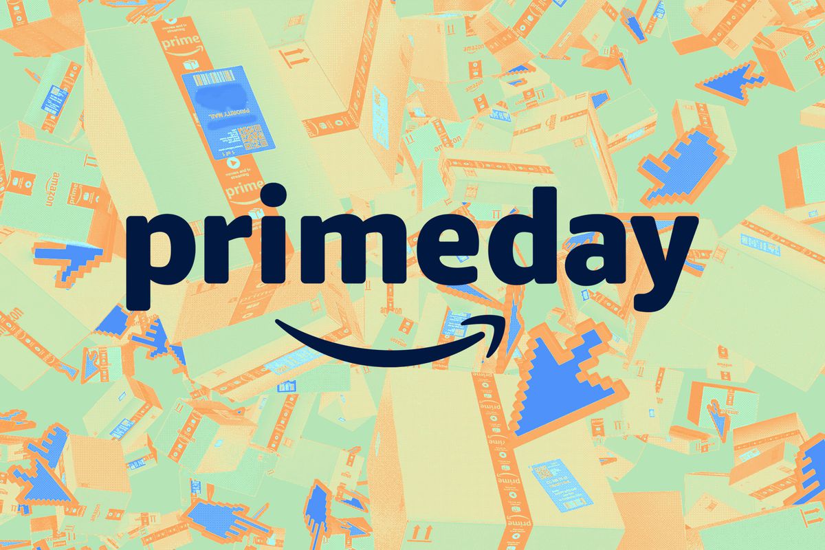 A blue/orange graphic that says “Prime Day” laid over several Amazon shipping boxes.