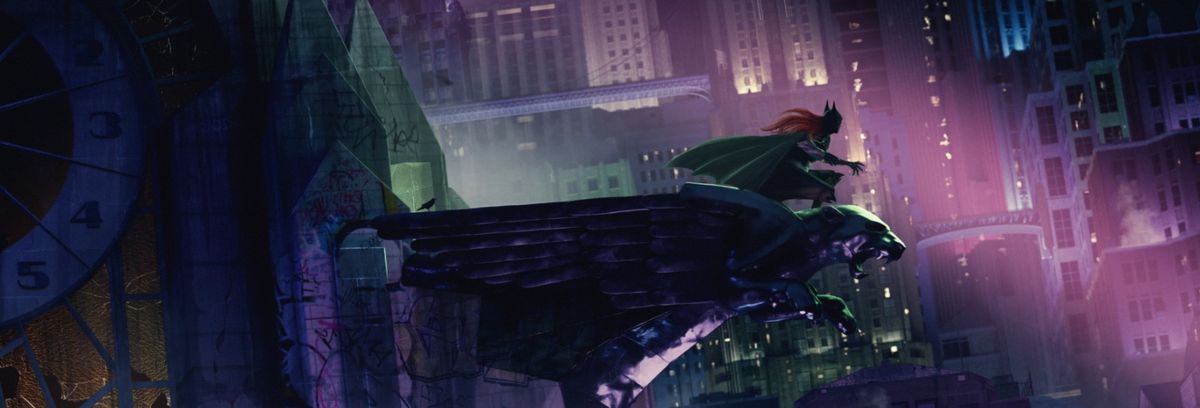 Batgirl movie concept art. She is on a ledge, overlooking high rises. 
