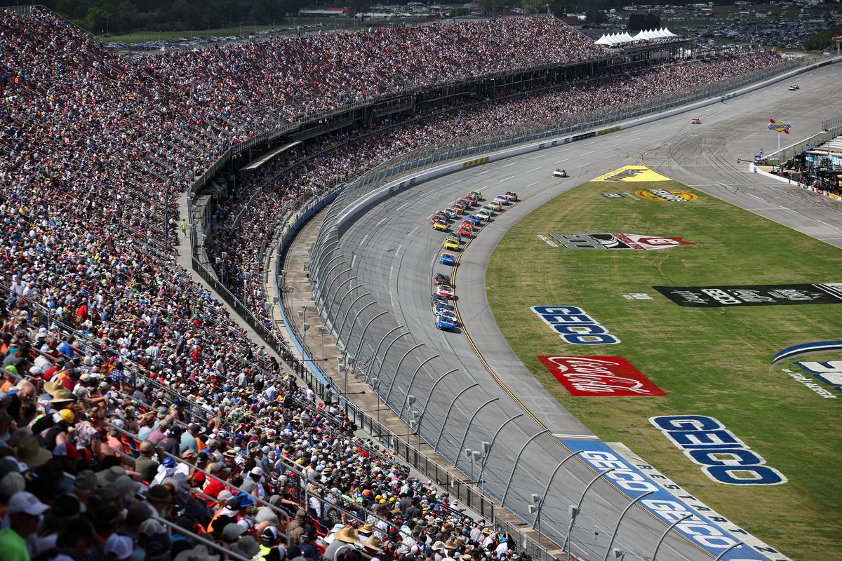 A general view of racing from the grandstands during the NASCAR Cup Series GEICO 500 at Talladega Superspeedway on April 24, 2022 in Talladega, Alabama.