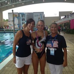 Olivia, pictured with her two 2013 National Team coaches Tammy McGregor and Robin McKinley, at the UANA International Championships in Puerto Rico. Photo was taken after Olivia's clean sweep of every event (solo, team, figures).