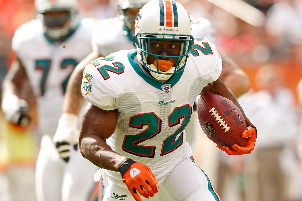 MIAMI GARDENS, FL - NOVEMBER 13:  Reggie Bush #22 of the Miami Dolphins runs with the ball during a game against the Washington Redskins at Sun Life Stadium on November 13, 2011 in Miami Gardens, Florida.  (Photo by Mike Ehrmann/Getty Images)