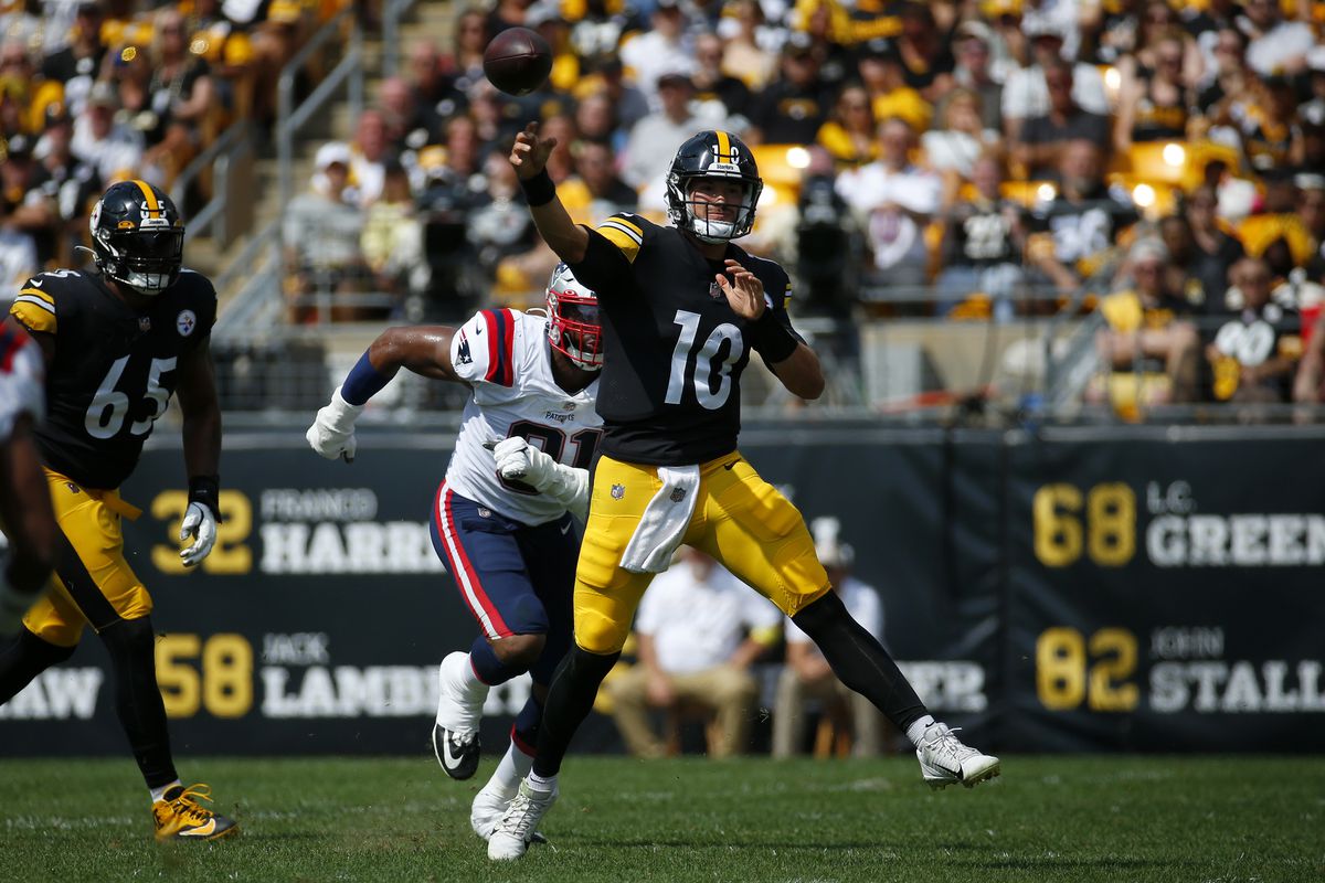 Mitch Trubisky #10 of the Pittsburgh Steelers throws the ball during the first half in the game against the New England Patriots at Acrisure Stadium on September 18, 2022 in Pittsburgh, Pennsylvania.