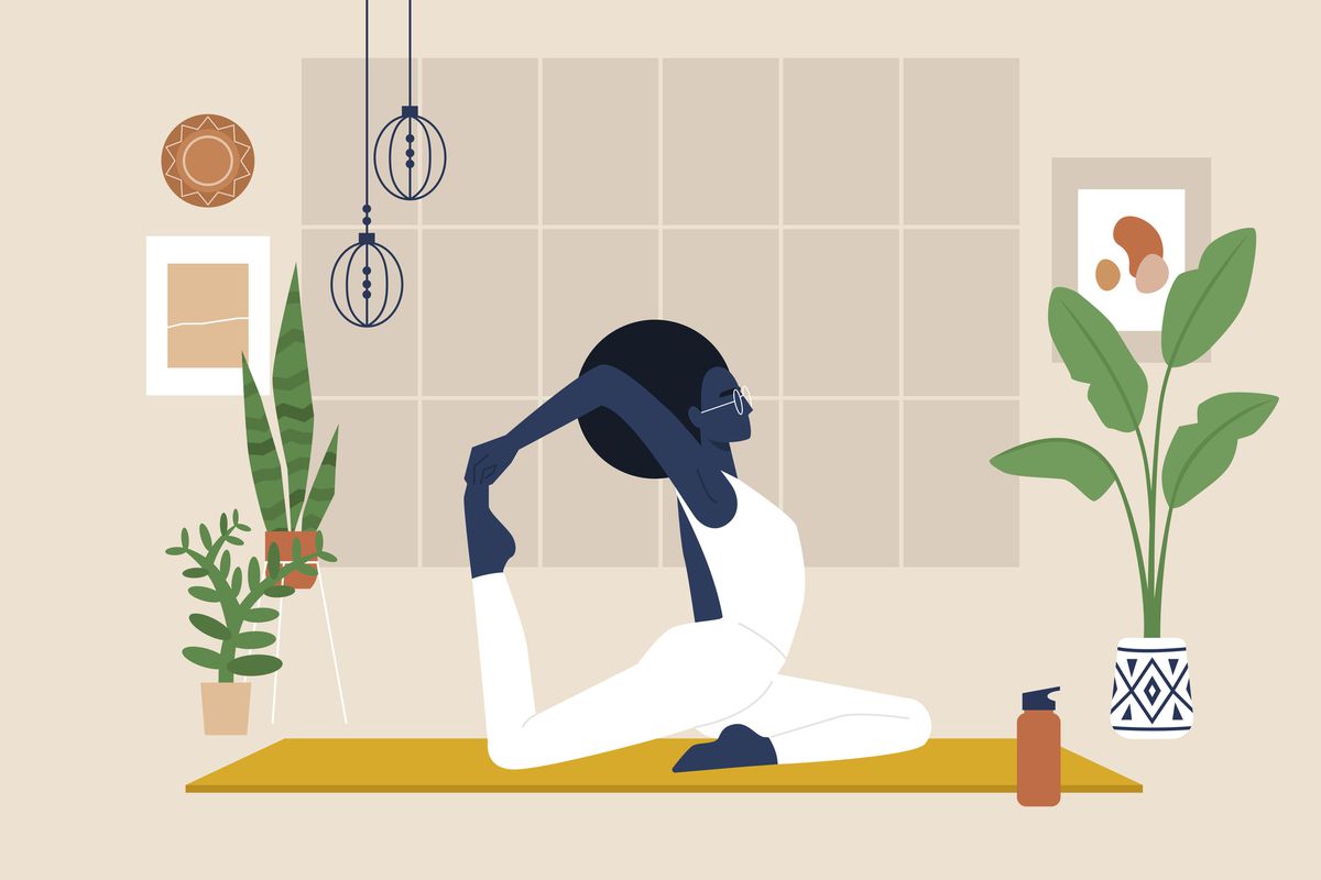 An illustration of a young Black woman doing stretching exercises on a yoga mat, surrounded by plants and in front of a window.