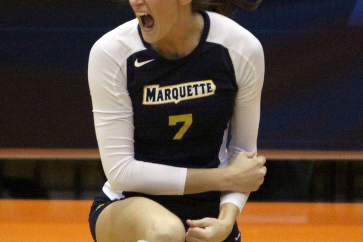Holly Mertens is fired up about being named to the preseason all conference team. (via Maggie Casey/MarquetteImages.com