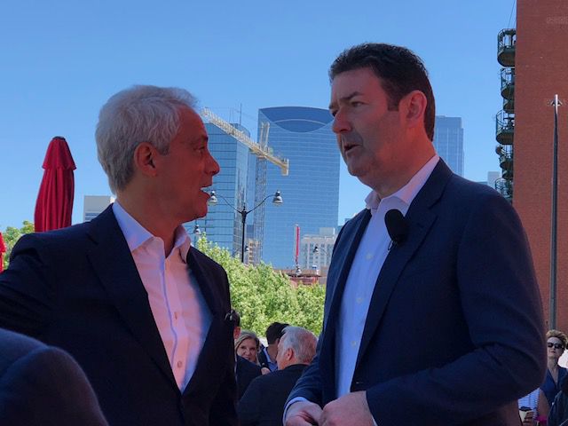 Mayor Rahm Emanuel talks to McDonald’s CEO Steve Easterbrook at Monday’s grand opening of the company’s new corporate headquarters in the West Loop. | Fran Spielman