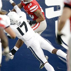 Utah State Aggies cornerback Will Davis (17) is called for pass interference on UNLV Rebels wide receiver Maika Mataele (80)  in Logan  Saturday, Sept. 29, 2012. 