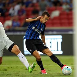 Ivan Perisic of FC Internazionale scores second goals against Chelsea FC during the International Champions Cup match between FC Internazionale and Chelsea FC at National Stadium on July 29, 2017 in Singapore.