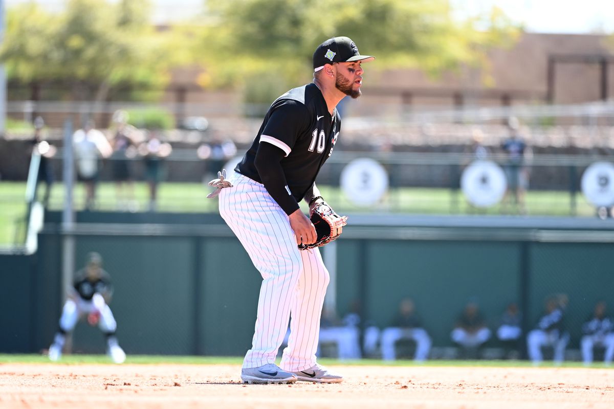 Yoan Moncada #10 of the Chicago White Sox gets ready to make a play against of the San Francisco Giants during a spring training game at Camelback Ranch on March 24, 2022 in Glendale, Arizona.