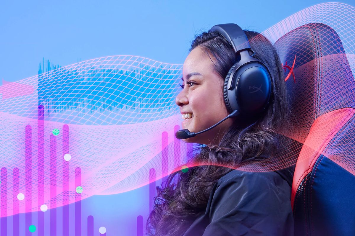 An image showing a person wearing the HyperX Cloud III Wireless gaming headset. They are super imposed on a multicolored background, and various isometric graphics are woven across the image.