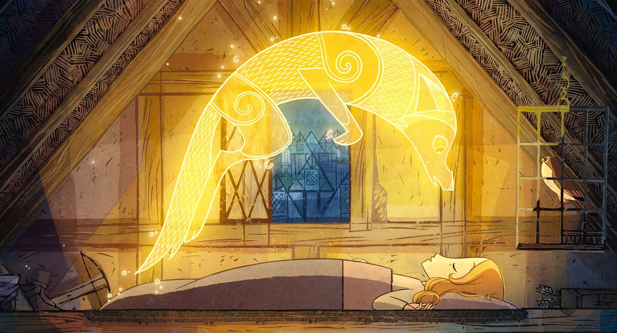 A wolf-spirit made of fine, glowing golden lines hovers over the body of a sleeping girl in Wolfwalkers