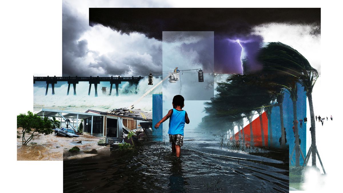 A photo illustration of a children wading through water with surrounding pictures of wind, weather, and destruction.