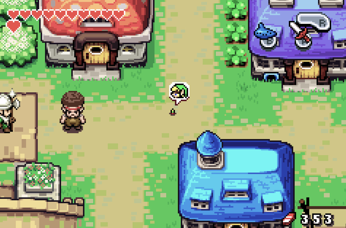 An image of Link in The Legend of Zelda: Minish Cap. He looks a couple of pixels tall as he walks around town. 