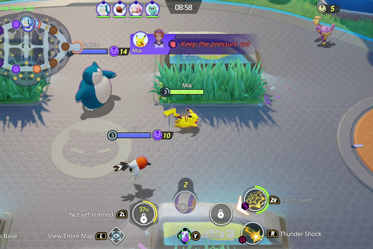 Pikachu leads the charge across the arena in pokemon Unite. it’s next to a Snorlax and Fletchling.