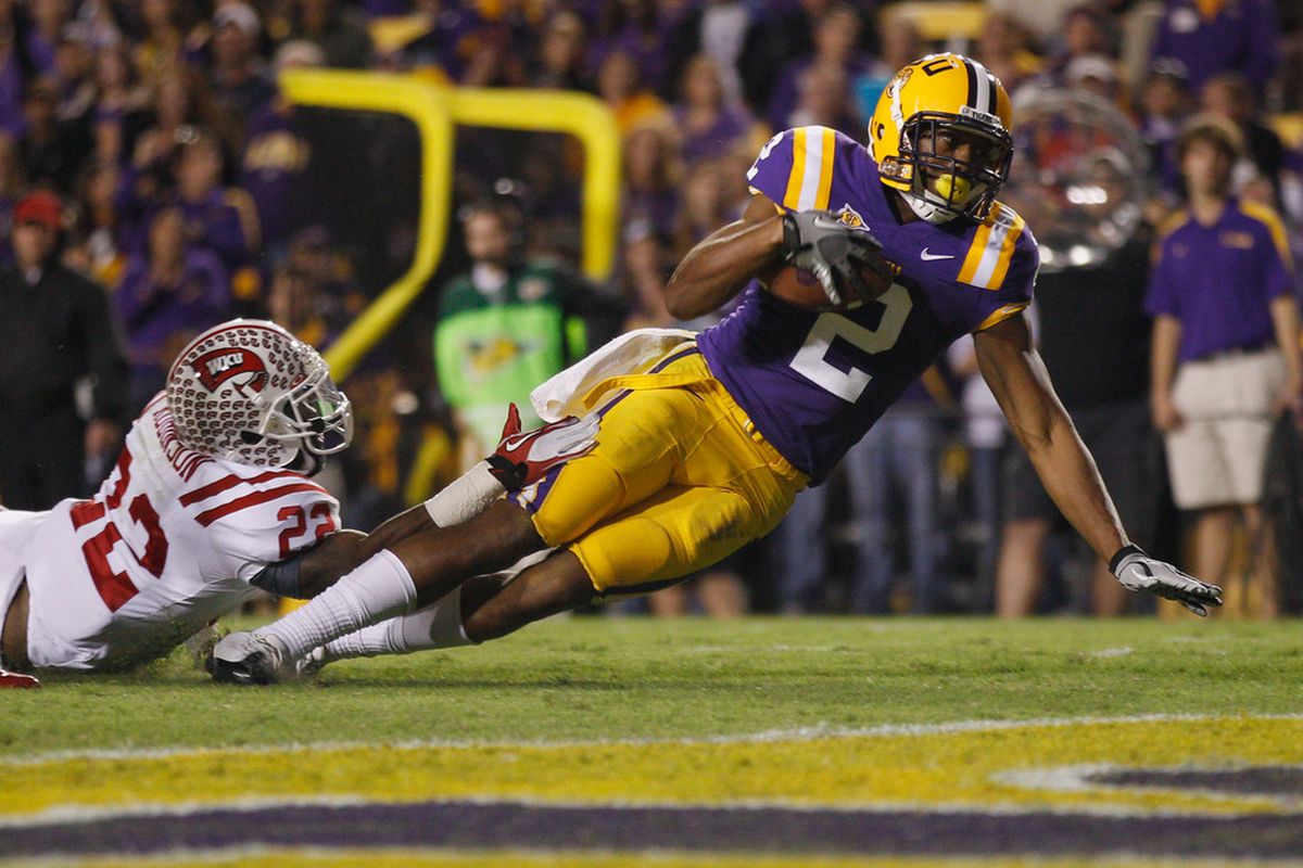 Rueben Randle #2 of the Louisiana State University Tigers falls to the one-yard line after being tackled.