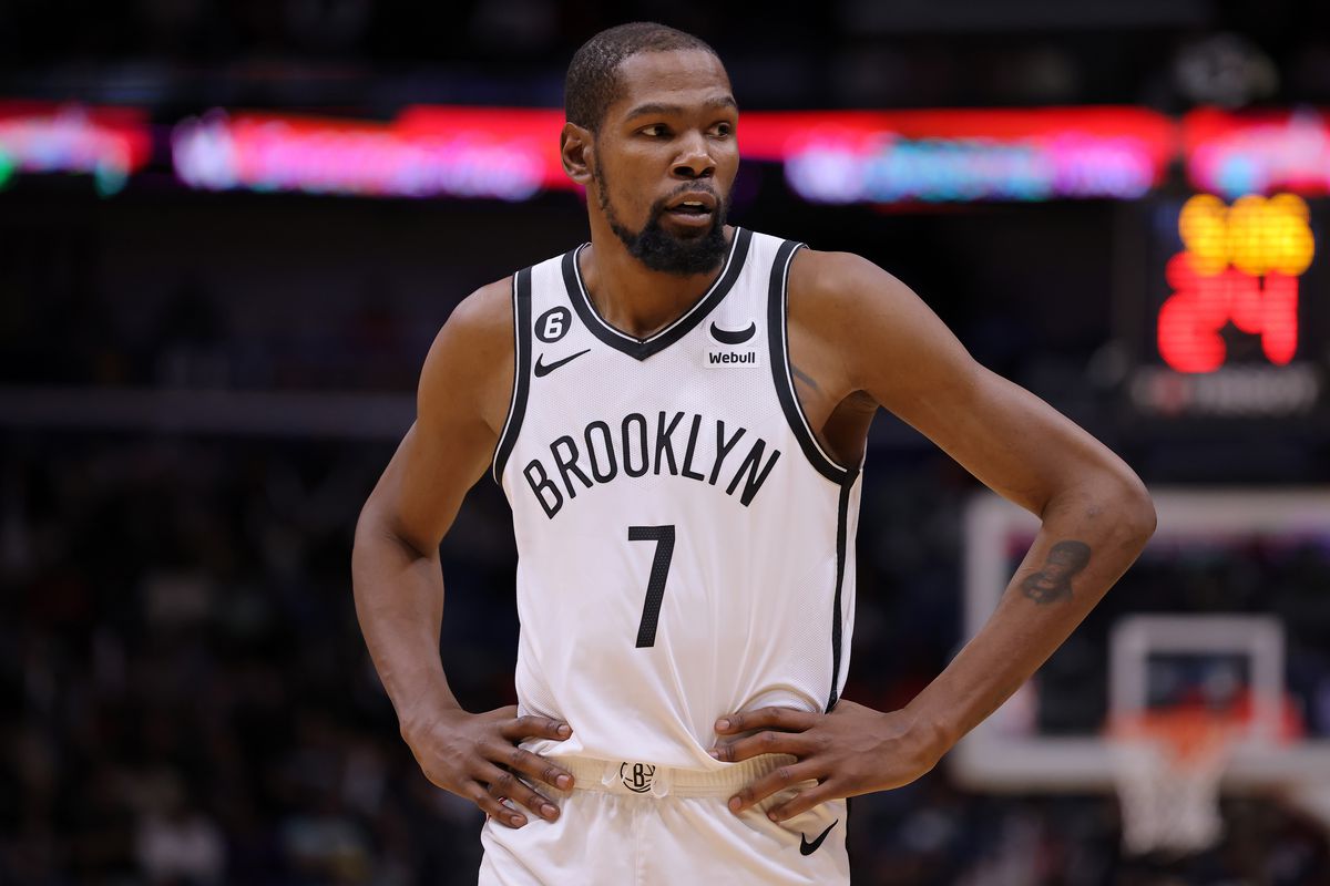 Kevin Durant of the Brooklyn Nets reacts against the New Orleans Pelicans during a game at the Smoothie King Center on January 06, 2023 in New Orleans, Louisiana.&nbsp;