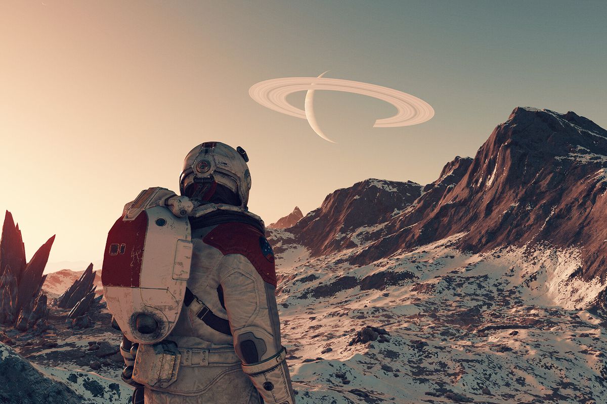 An image of an space explorer in Starfield. They’re walking on a planet in a spacesuit is looking up towards another planet on the horizon.