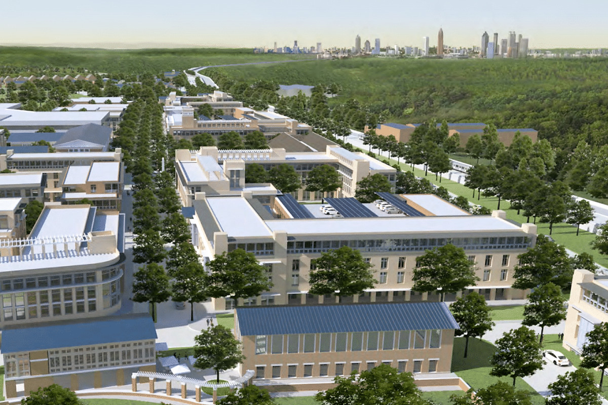 A rendering shows a vast community of new construction and adaptive reuse development in front of a sea of trees. In the Background is the Atlanta skyline.