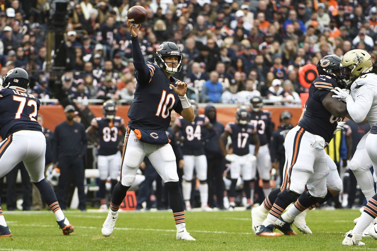 Bears quarterback Mitch Trubisky completed 34-of-54 passes for 251 yards, two touchdowns and no interceptions in a 36-25 loss to the Saints on Sunday at Soldier Field.