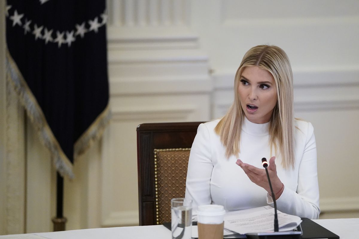 Ivanka Trump sitting as President Trump Delivers Remarks To The American Workforce Policy Advisory Board.