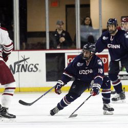 UConn's Max Kalter (18) during the UConn Huskies vs UMass Minutemen men's college hockey game at the Mullins Center in Amherst, MA on December 1, 2017.