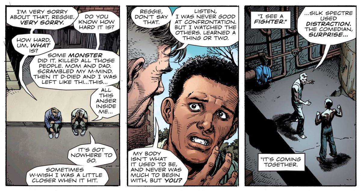 Byron Lewis (Mothman) and Reggie Long (Rorschach II) in Watchmen #4, DC Comics (2018). 