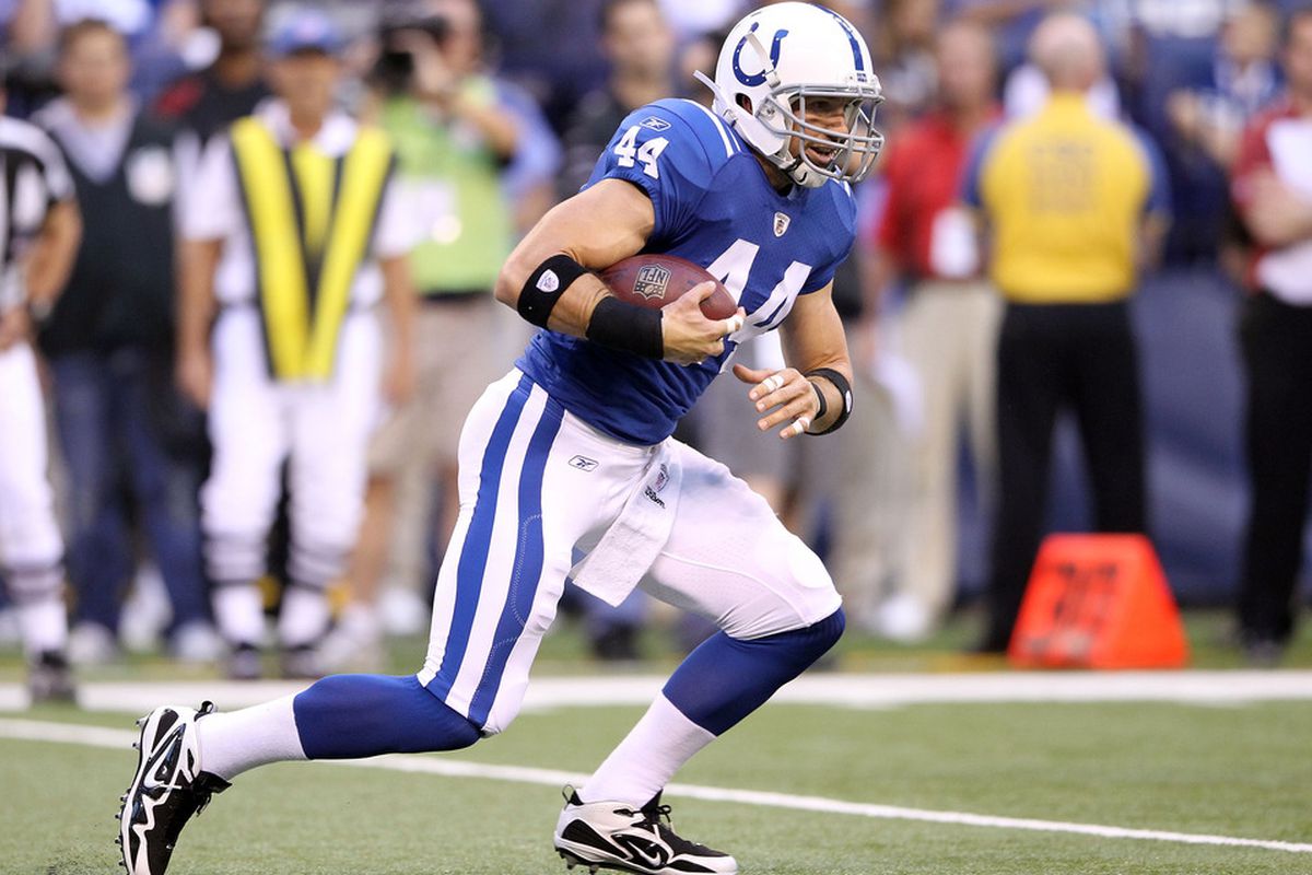 INDIANAPOLIS, IN - AUGUST 19: Dallas Clark #44 of the Indianapolis Colts runs with the ball during the game against the Washington Redskins at Lucas Oil Stadium on August 19, 2011 in Indianapolis, Indiana.  (Photo by Andy Lyons/Getty Images)