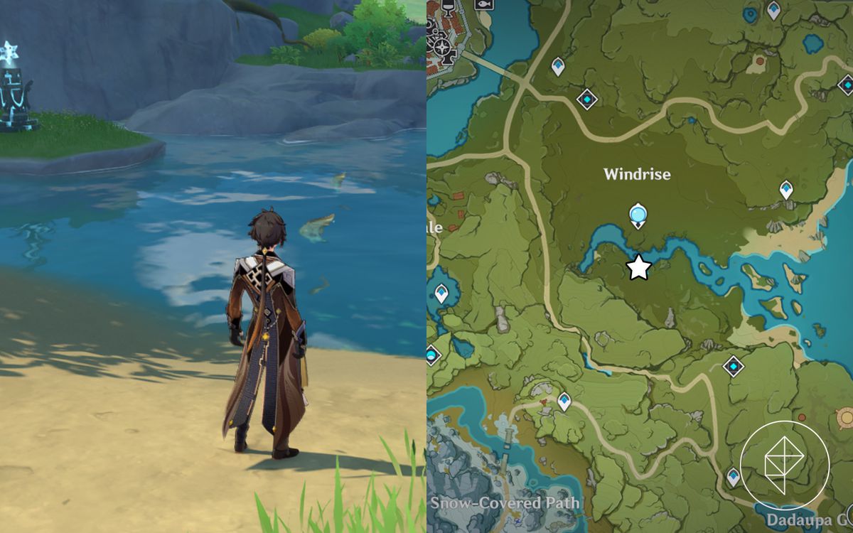 A map showing where to find fish south of Windrise’s Statue of the Seven