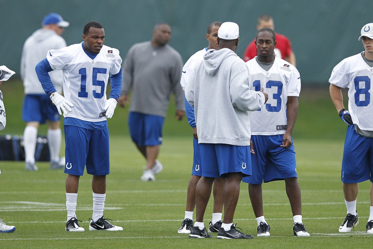 INDIANAPOLIS, IN - MAY 4: LaVon Brazill #15 and T.Y. Hilton #13 of the Indianapolis Colts look on during a rookie minicamp at the team facility on May 4, 2012 in Indianapolis, Indiana. (Photo by Joe Robbins/Getty Images)