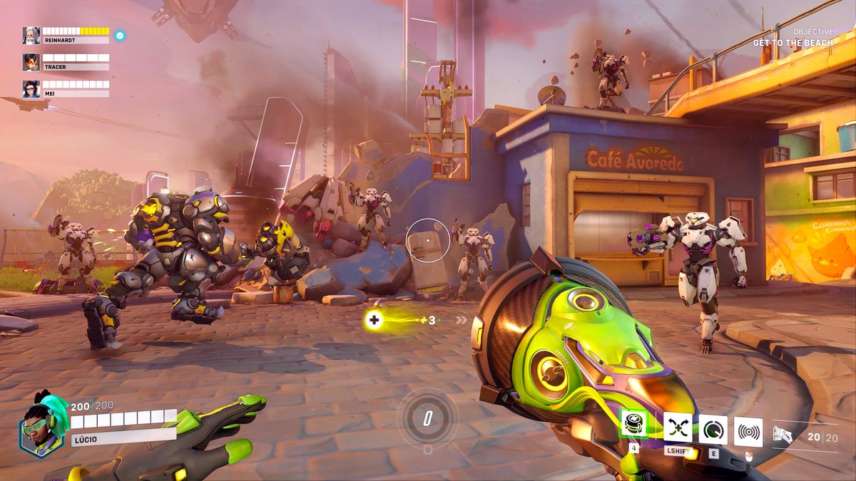 An example of a Support UI from Lucio’s perspective, showing Party Frame health indicators in Overwatch 2’s canceled PvE mode