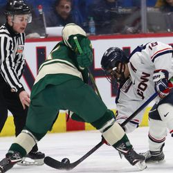 The Vermont Catamounts take on the UConn Huskies in a men’s college hockey game at the XL Center in Hartford, CT on March 1, 2019.