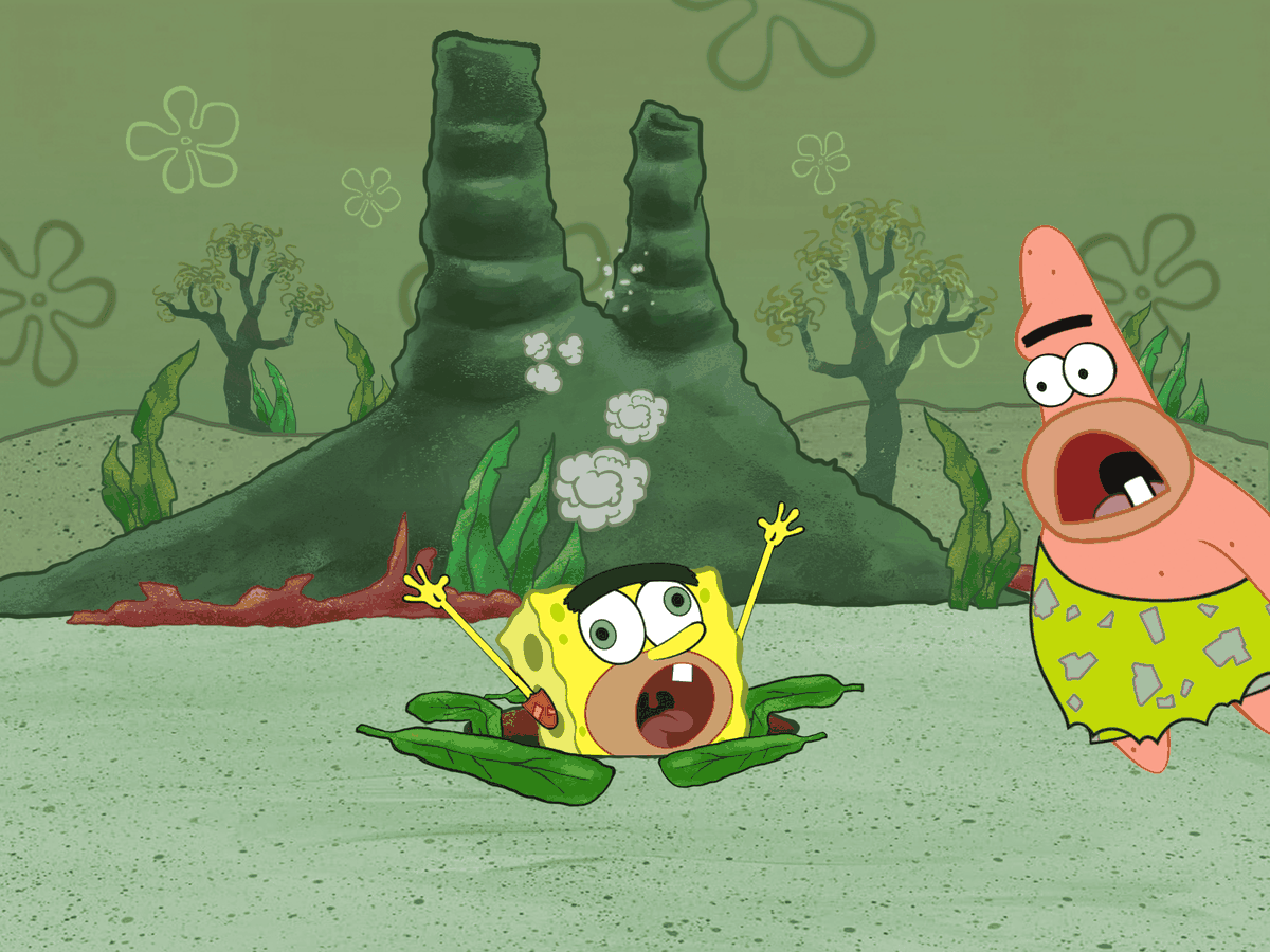 Spongebob and Patrick underwater, with Spongebob falling into a hole.