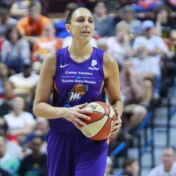 The Phoenix Mercury take on the Connecticut Sun in a WNBA game at Mohegan Sun Arena in Uncasville, CT on July 12, 2019.